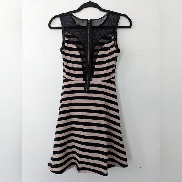 Monteau Sleeveless Dress Mesh Cotton Stretch Black Beige, Size M - Picture 2 of 4